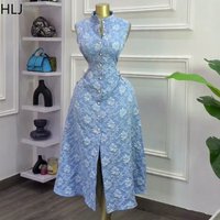 HLJ Vintage Women Floral Jacquard Midi Dresses Stand Collar Sleeveless A-Line Bodycon Dress Elegant Party Clubwear Vestidos 2026
