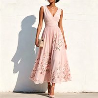 Elegant Print Dress For Women 2026 Fashion V Neck Sleeveless High Waist Big Swing A-line Lady Maxi Dresses Femme Holiday Party