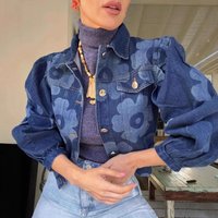 Fashion Vintage Denim Coat Puff Sleeve Single Breasted Flower Print Short Jackets 2026 All Match Design Jean Tops Women Clothing