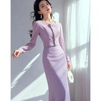 2025 Autumn Two Piece Set Women Korean Slim Long Sleeve Purple Color Coat Tops+sexy Bodycon Skirt Casual Evening Party Set Women