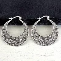 Ethnic Style Vintage Carving Silver Color Circle Hoop Earrings For Women Daily Vocation Fashion Metal Earrings Retro Jewelry