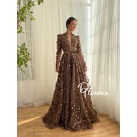 High-end Brown 3D Floral Sequin Deep V Neck Evening Gown Long Sleeves Belted Red Carpet Formal Glitter Wedding Guest Party Wear
