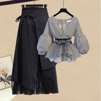 Large Size Women's Clothing 2023 New Korean Spring Summer Long Sleeved T-shirt + Temperament High Waist Skirt Two-piece Set