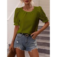 Women's Cutout Puff Sleeve Blouse, Casual Round Neck Short Sleeve Shirt, Floral Eyelet Embroidered Top For Ladies