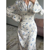 Elegant Lady Simple Satin Party Dress Fashion V-neck Printed Slim Maxi Dress Temperament High Waist Long Sleeve Wrap Hips Dress