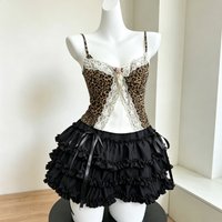 Cute Harajuku Two Piece Outfit Women Patchwork Lace Tank Top Puffy Cake Skirt Y2K Punk Spicy Girl Fashion Wear