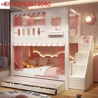 Children girl princess bed up and down bunk bed under guardrail high and low two-story tree house castle