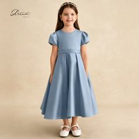 Dusty Blue Satin Flower Girl Dress Puff Sleeves Ankle Length Kids Wedding Formal Brithday Gown Bow A-line Pleats