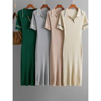 New in Summer Elegant Slim Knitted Dress Women Casual Polo Neck Short Sleeve Knitwears Vestidos Fashion Short Sleeve Dresses