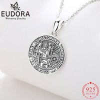 Eudora 925 Sterling Silver Christopher Medallion Necklace Personality Vintage Embossed Religious Pendant Men Women Jewelry Gift