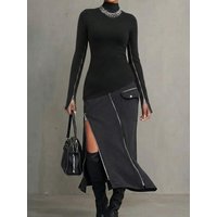Women's Black Mock Neck Long Sleeve Zipper Slim Bodysuit, Office Casual Blouse Top
