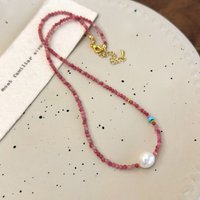 Minar French Red Natural Stone Freshwater Pearl Beads Beaded Necklace for Women Girls Wholesale Gold Plated Chain Strand Chokers