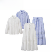 Fashionable Lace Floral Embroidery Shirt And Skirt Set Women's Long Sleeve Spring Outfit Elegant Classy Two Piece Ensemble