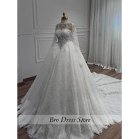 Customized Sparkly Luxury Lace Wedding Dress High Neck Long Sleeve Bridal Ball Gown Princess Wedding Dress Vestido De Novia