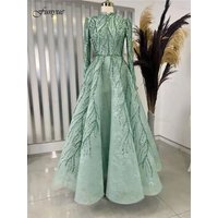 Customized Lace Beaded Muslim Evening Dresses Islamic Arabic Kaftan Robe De Soiree High Neck Hijab Long Sleeve Formal Party Gown
