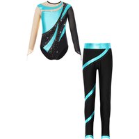 New Child Girls Shiny Rhinestones Ballet Dance Set for Skating Gymnastics Performance Long Sleeve Cutout Back Leotard with Pants