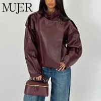 MUJER Women's Bomber Jacket Fashion Faux Leather Jackets for Women Outerwears Winter Coats for Women Snap Button Overcoat Female