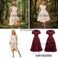 Medieval Cosplay Dress Renaissance Vintage Womens Dress Square Neck Short Sleeve Dual Styling Drawstring Costume