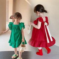 Robes d'été pour filles, manches volantes, robes décontractées à volants, dos solide, nœud papillon, ligne A, robes pour bébés, vêtements pour enfants