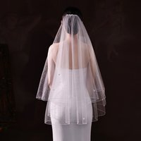 V540 Style Double-Layer Lock Edge Bridal Veil with Beaded Flower Accents White Face Covering Wedding Headpiece Transparent