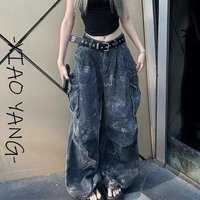 Loose Pocket Jeans Womens Cargo Workwear Camouflage American Style 2025 Autumn Winter High Waist Straight Leg Casual Pants