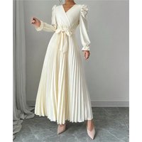 Women Solid Color V Neck Tie Lamb Sleeve Pleated Long Dress, Waist Bow Tie Pleated Hem Elegant Romantic Party Dress