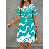 2026 New Summer Women Dress Black White Striped Print Short Sleeve O-Neck A-Line Dress Casual Loose Beach Sundress