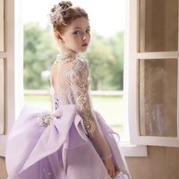 Jill Wish J123 Luxury Lilac Dubai Girl Dress with Bow Beads Long Sleeve Princess Wedding Birthday Pageant Party Performance Gown