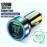120W Quick Car Charger Dual USB Type C Fast Charging Super Fast Car Phone Adapter with Digital Display For iPhone Samsung Xiaomi