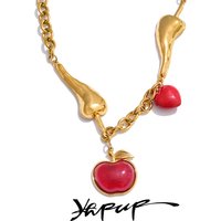Yhpup Fashion Chilli Chain Red Enamel Resin Heart Apple Drop Sweet Necklace Golden Stainless Steel Arrivals Collar Jewelry