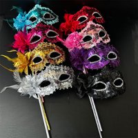 Venetian Princess Ball Handheld Mask Side Flower Mask with Holding Stick Mardi Gras Party Masquerade Feather Sequin Mask