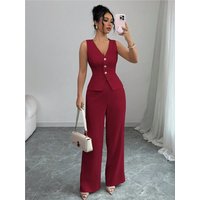 Summer New Solid Color Two Piece Sets Women V-neck Sleeveless Slim Single-breasted Vest Top + Wide-leg Trousers 2-piece Set