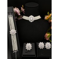 Falair Women's Copper Plated Jewelry Set with Artificial Zircon And Pearl Bracelet Ring Necklace Earring for Wedding Wear