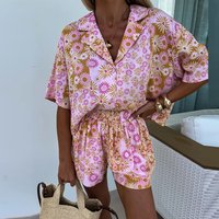 Fashion Bohemian Holiday Women Two Piece Set Pattern Printed Loose Summer Outfits Ladies Lapel Button Shirt + Shorts Beach Suit