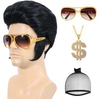 Synthetic 50s 60s Rock Legend Wig for Men Elvis Wig 1950s Singer Rocker Costume Wig with Accessories for Cosplay Halloween Party