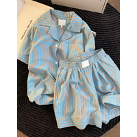 Lazy Style Casual Blue Striped Women's Sleepwear Short Sleeve Shorts Home Clothes Set Can Be Worn outside Cotton Summer New A...
