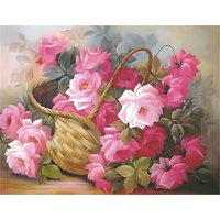 Rosa Blühende Blumen Kreuzstich-Set DIY Stickerei-Materialpaket Rosen-Blumendesign im Ölgemälde-Stil Wohnzimmer-Dekoration