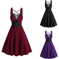 Womens Gothic Dress Lace Up Buckle Strap Crisscross Plunging Neck High Waisted A Line Mini Dress Sleeveless Sundresses vestidos