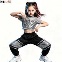 Boys Girls Metallic Disco Jazz Crop Top with Pants Set Outfit for Street Modern Hip Hop Dance Stage Performance Competition