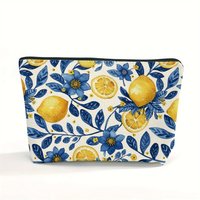 Chic Women's Polyester Cosmetic Bag Lemon and Floral Print Durable Toiletry Pouch with Zipper Coin Purse Storage Bag Pencil Case