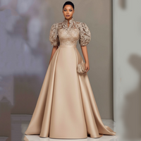 Customized Elegant Mother's Dress Champagne South African Wedding Dress High Neck Puff Sleeves A-Line Groom's Mum Dresses