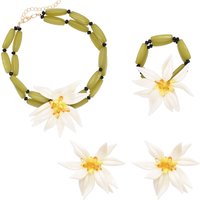 Exaggerated Large White Flower Green Bamboo Necklace Earrings Bracelet for Women New Trendy Crystal Resin Flower Jewelry Sets
