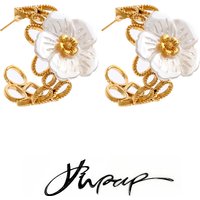 Yhpup New Arrivals Stainless Steel Resin Flower C Shape Earrings 18K Gold Color PVD Plated Summer Trending Jewelry