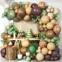 129Pcs sage green and brown wildlife style balloon garland set with leaves for jungle safari, outdoor birthday party decorations
