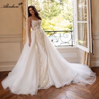 Alonlivn Customize Removable Train Mermaid Wedding Dresses Luxurious Pearls Embroidery Lace 2 In 1 Boat Neck Bridal Gowns