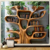 VIKAMA Tree Shaped Bookshelf Tapestry Featuring Lush Plants Perfect Wall Decor for Bedroom Dorm and Living Room