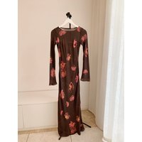 Women Flower Print 100% Silk Maxi Dress Long Sleeve Boat Neck High Waist Elegant Ladies Robe