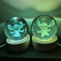 Anime 3D Stitch Crystal Ball Crystal Mini LED Night Wooden Lamp Warm Light/7 Colors Desk Decoration Room Boy Girl Birthday Gifts