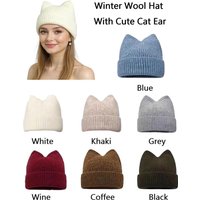 Cat Ears Wool Hat Female Autumn and Winter Korean Cute Face Small Knitted Hat Big Head Circumference Warm Ear Protection Hat