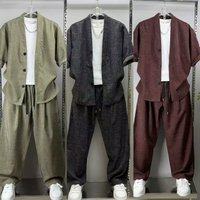 2026 Men's Vintage Grey Textured 2-Piece Set Summer Loose Open Front Shirt & Pants Suit Old Money Aesthetic Streetwear